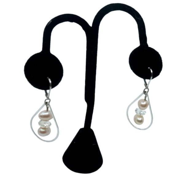 PINK FRESHWATER PEARL & SWAROVSKI CRYSTAL STERLING SILVER DROP DANGLE EARRINGS - Picture 3 of 4